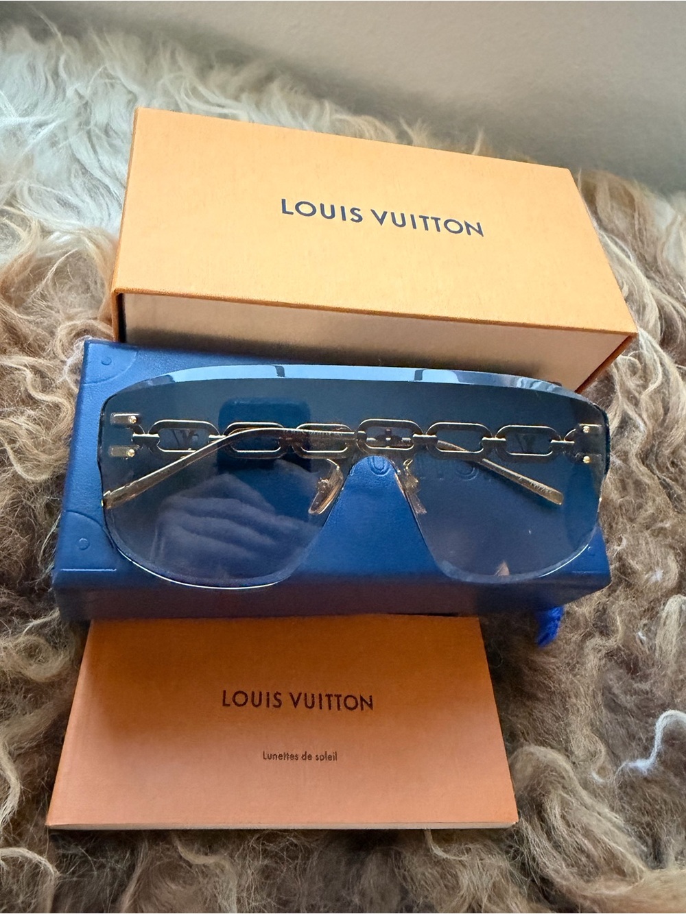 Louis Vuitton Blue Shield Sunglasses with Gold Chain Accent